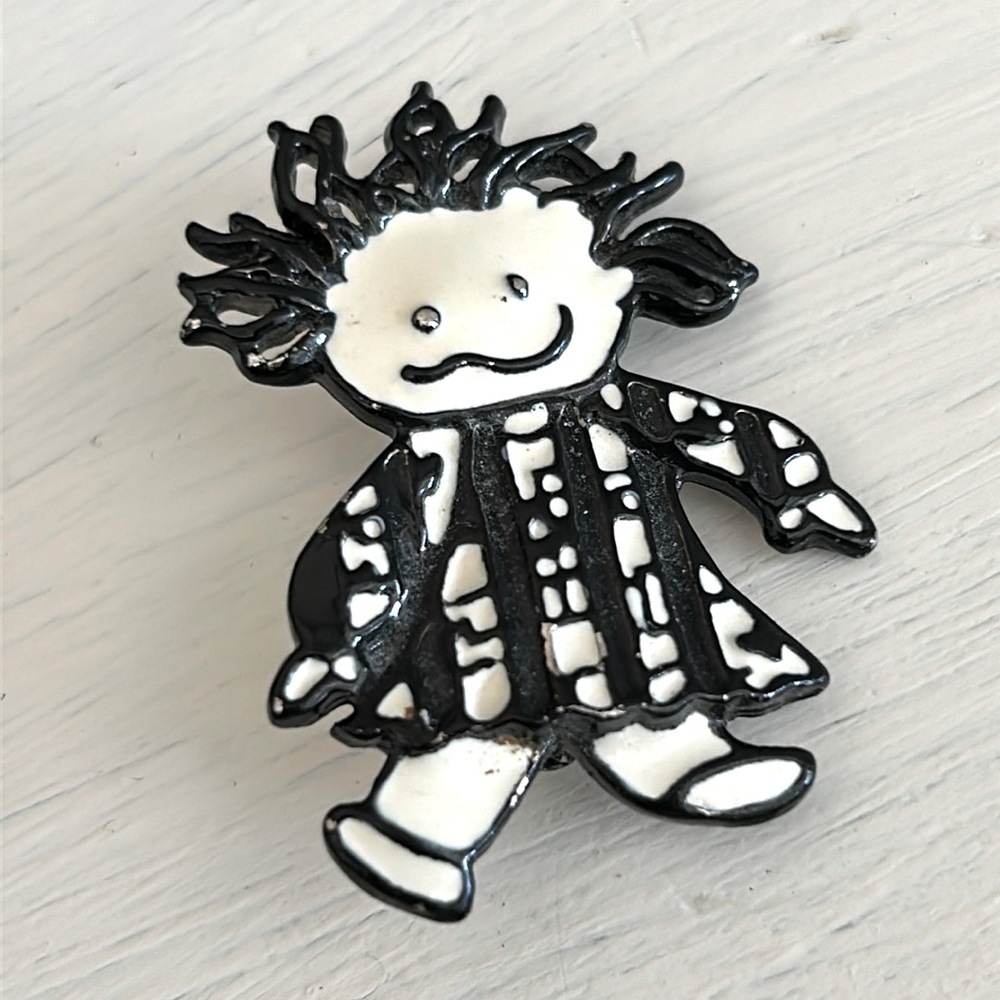 Vintage SFJ Crazy Girl Black Cream Enameled Brooch Pin Vintage Figural Jewelry